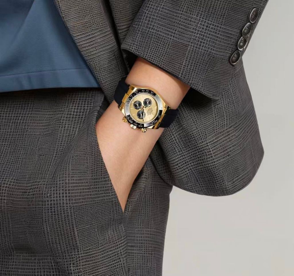 Front-facing view of the Rolex Cosmograph Daytona 126518LN, highlighting the polished 18ct yellow gold case, contrasting black Cerachrom tachymetric bezel, and the sophisticated golden and black dial with snailed counters.
