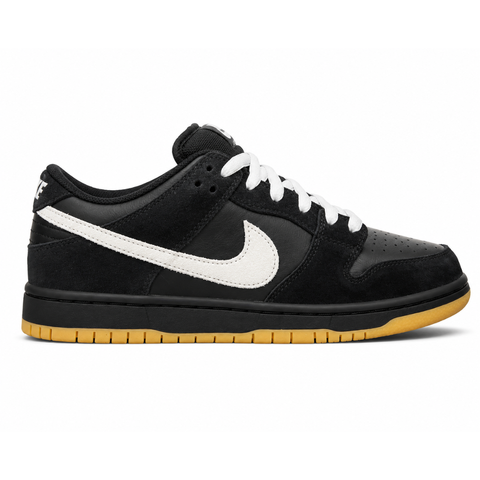 Side profile of the Nike Dunk Low Pro SB 'Black White Gum' sneaker, showcasing the clean black and white leather color blocking, signature padded SB tongue, and the classic gum rubber outsole.