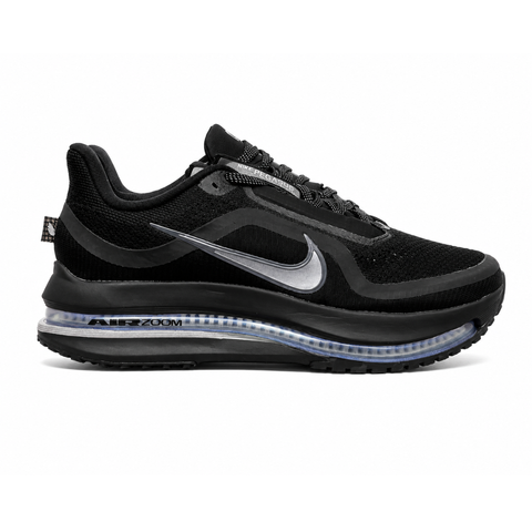 Side profile of the Nike Air Zoom Pegasus Premium sneaker in the 'Black Metallic Silver' colorway, showcasing the lightweight black engineered mesh upper, shimmering metallic silver Swoosh branding, and the sculpted, responsive midsole.
