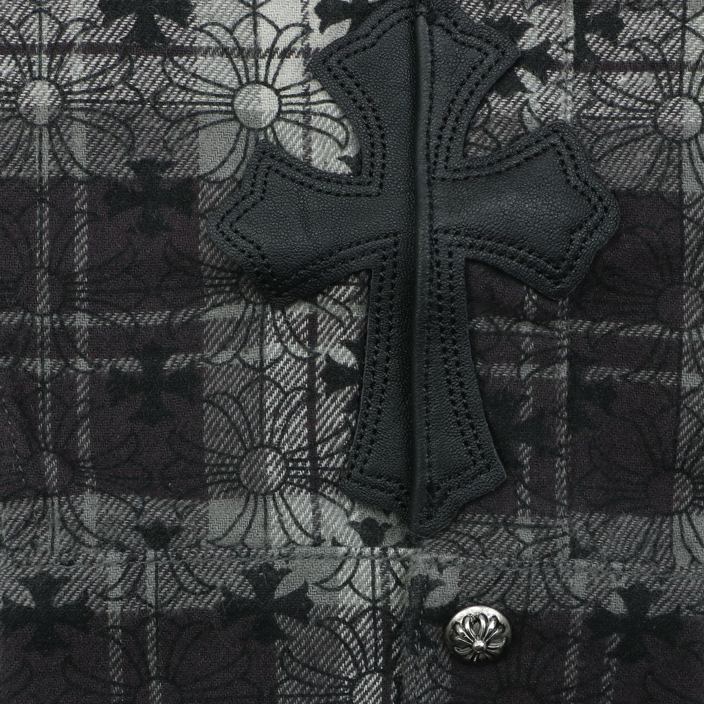 chrome-hearts-inspired-plaid-leather-patch-long-sleeve-shirt