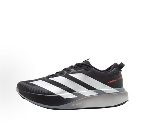 Side profile of the adidas Adizero Evo SL running shoe in the 'ATROnix Grey Black' colorway, showcasing the ultra-lightweight breathable mesh upper, sleek aerodynamic profile, and the sculpted Lightstrike Pro foam midsole.