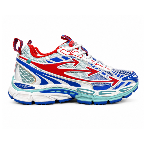 Side profile of the Off-White c/o Virgil Abloh sneaker showcasing a light blue mesh base, bold blue and red synthetic overlays, a large red arrow logo on the lateral side, and an attached blue and red zip-tie.