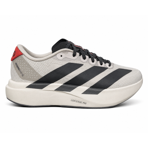 Side profile of the adidas Adizero Evo SL 'Audi F1' running shoe, highlighting the sleek motorsport-inspired aesthetic, ultra-lightweight breathable mesh upper, and the sculpted Lightstrike Pro foam midsole.