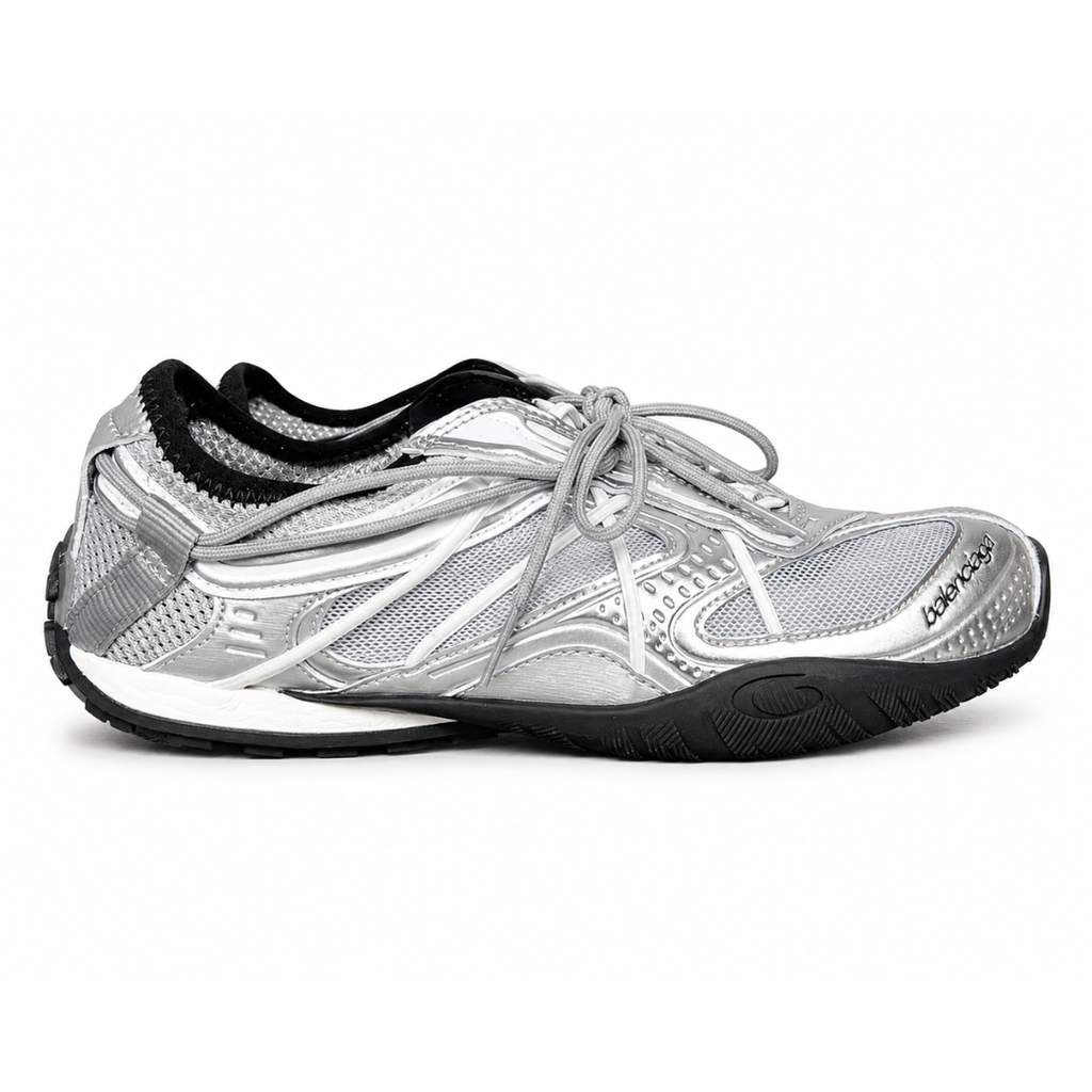Side profile of the Balenciaga Radar Sneaker featuring a metallic silver and grey mesh upper, intricate gradient line overlays, a classic lace-up system, and a sleek, low-profile black rubber outsole.