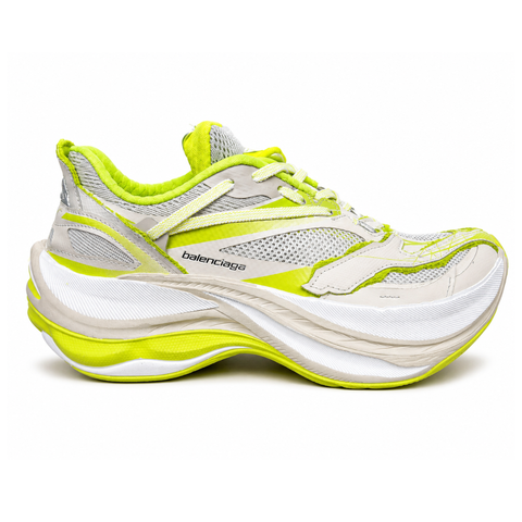 Side profile of the Balenciaga Jet Sneaker highlighting the eggshell white and vibrant light lime green upper, heavily distressed mesh detailing, embossed branding, and the signature 4.25cm exaggerated platform sole.