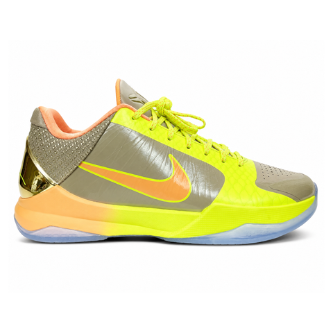 Side profile of the Nike Kobe 5 Protro basketball shoe featuring a vibrant neon green snake-scaled upper, an iridescent grey side panel, a bright orange Swoosh, a metallic heel counter, and an icy translucent outsole.