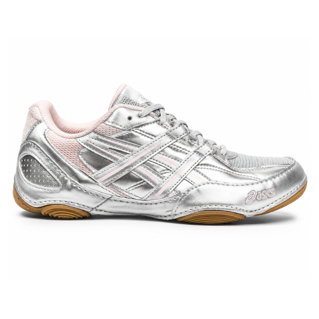 Side profile of the ASICS Hypersync sneaker in the Piedmont Grey and Pink Cloud colorway, showcasing the breathable technical mesh upper, metallic synthetic overlays, soft pink accents, and the sculpted performance midsole.