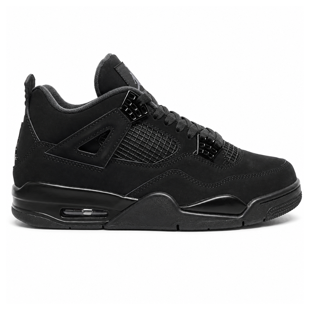 Side profile of the Air Jordan 4 Retro 'Black Cat' (2020) featuring a stealthy, monochromatic all-black nubuck suede upper, matching black mesh netting, matte wing eyelets, and a black midsole with a visible Air unit.