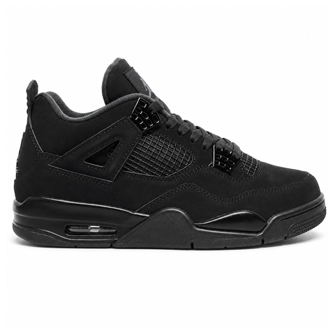 Side profile of the Air Jordan 4 Retro 'Black Cat' (2020) featuring a stealthy, monochromatic all-black nubuck suede upper, matching black mesh netting, matte wing eyelets, and a black midsole with a visible Air unit.