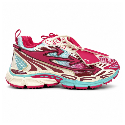 Side profile of the Off-White Be Right sneaker in a vibrant rose, burgundy, and light blue colorway, featuring a complex mesh upper, the signature Off-White arrow overlays, a matching pink zip-tie tag, and a chunky segmented midsole.