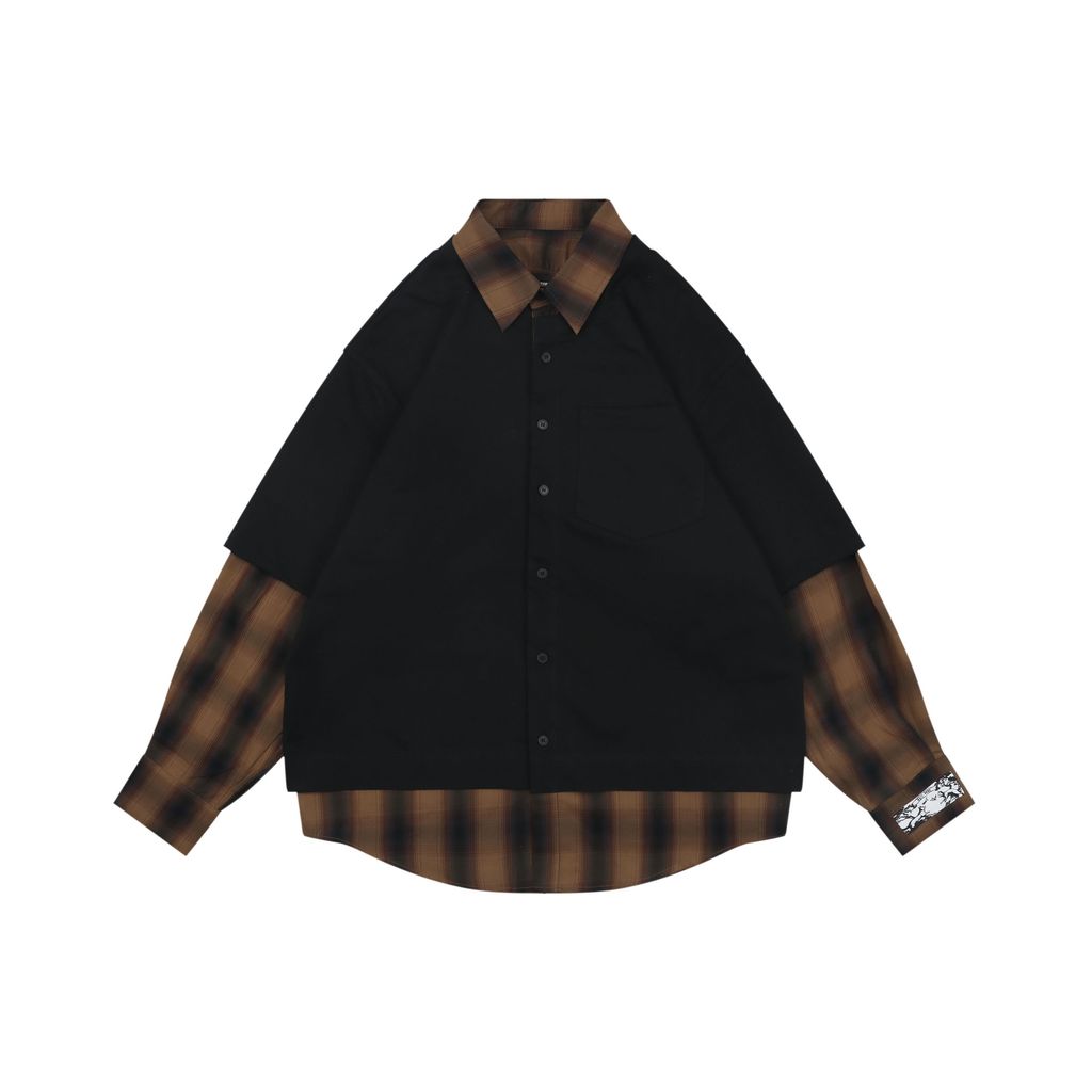 we11done-black-brown-plaid-true-two-piece-long-sleeve-shirt
