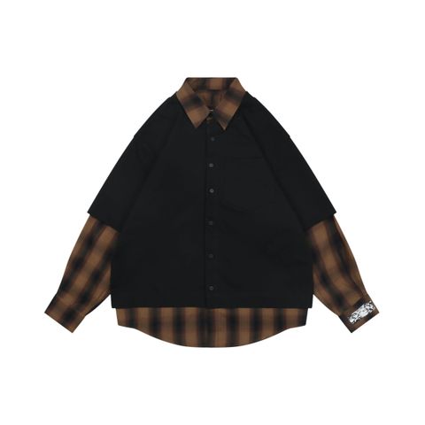 we11done-black-brown-plaid-true-two-piece-long-sleeve-shirt