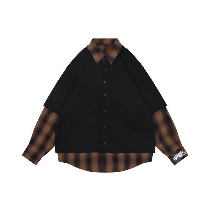 we11done-black-brown-plaid-true-two-piece-long-sleeve-shirt