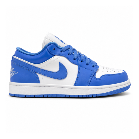 Side profile of the Air Jordan 1 Low sneaker in a classic 'UNC' colorway, featuring a crisp white leather base with vibrant University Blue overlays, a matching Swoosh, and a white midsole resting on a blue rubber outsole.