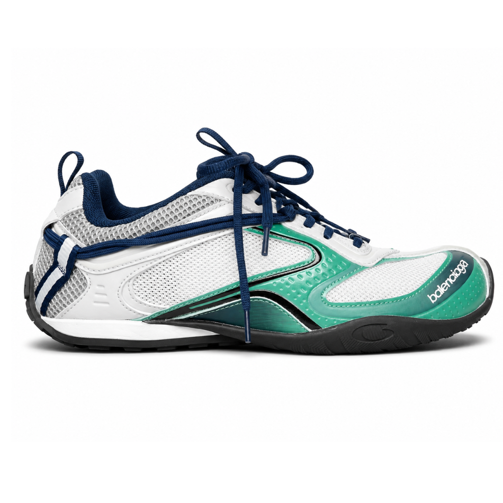 Side profile of the Balenciaga Radar sneaker in a light grey, neon green, and black colorway, featuring dynamic gradient lines across a layered mesh and synthetic upper, resting on an aggressive, chunky sculpted sole.