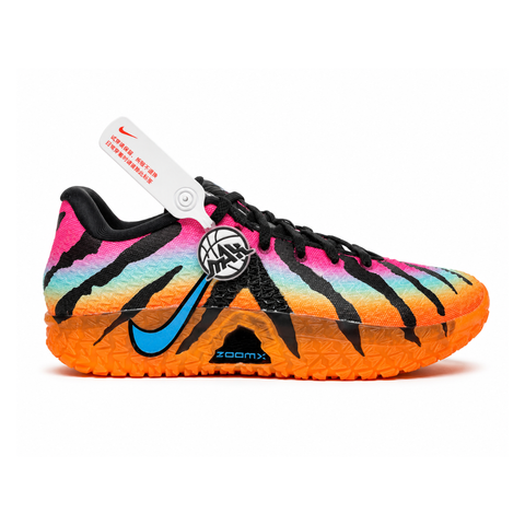 Side profile of the Nike Ja 3 'At Dawn' basketball sneaker, featuring a sleek, lightweight dark mesh upper contrasted by vibrant sunrise-inspired gradient accents, resting on a supportive midsole equipped with Zoom Air cushioning.