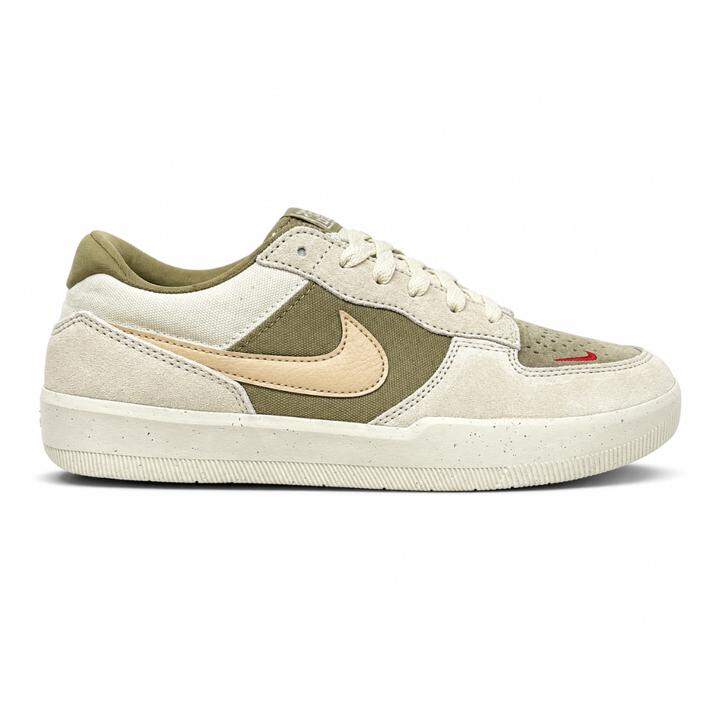 Side profile of the Nike SB Force 58 skate shoe featuring a creamy Coconut Milk canvas and suede upper, accented by a Neutral Olive green Swoosh and detailing, resting on a crisp white sole with a flexible tri-star tread.