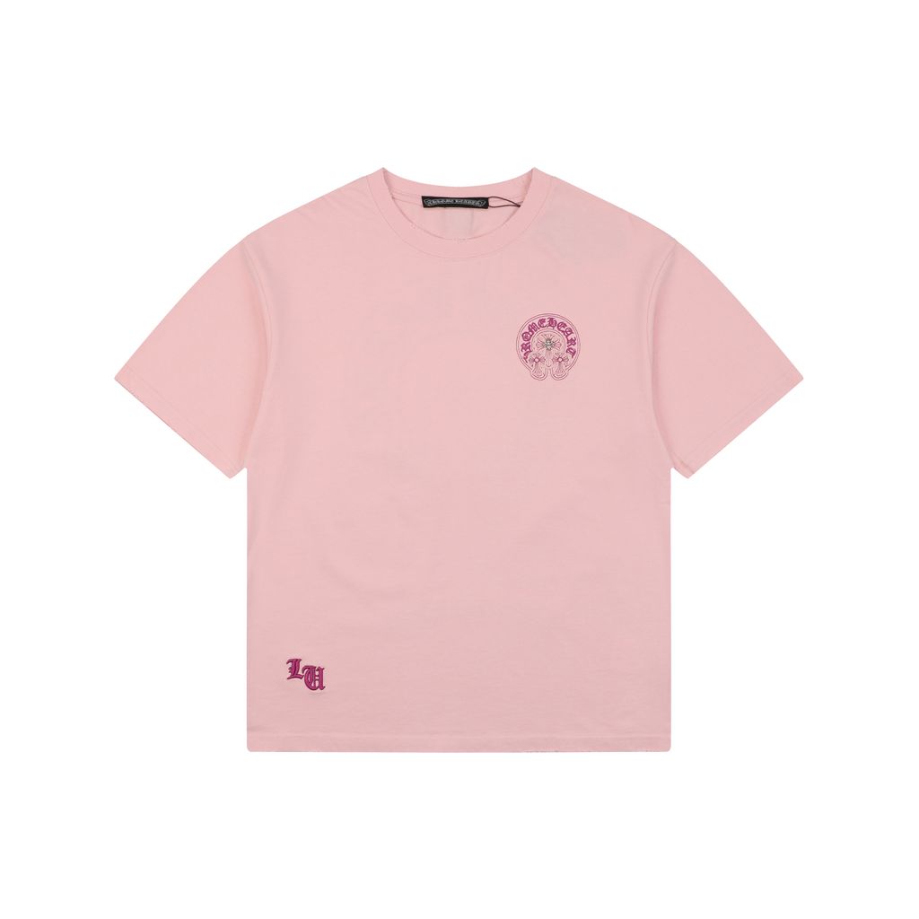 Chrome Hearts Pink Purple Sanskrit Cross Embroidered T-Shirt