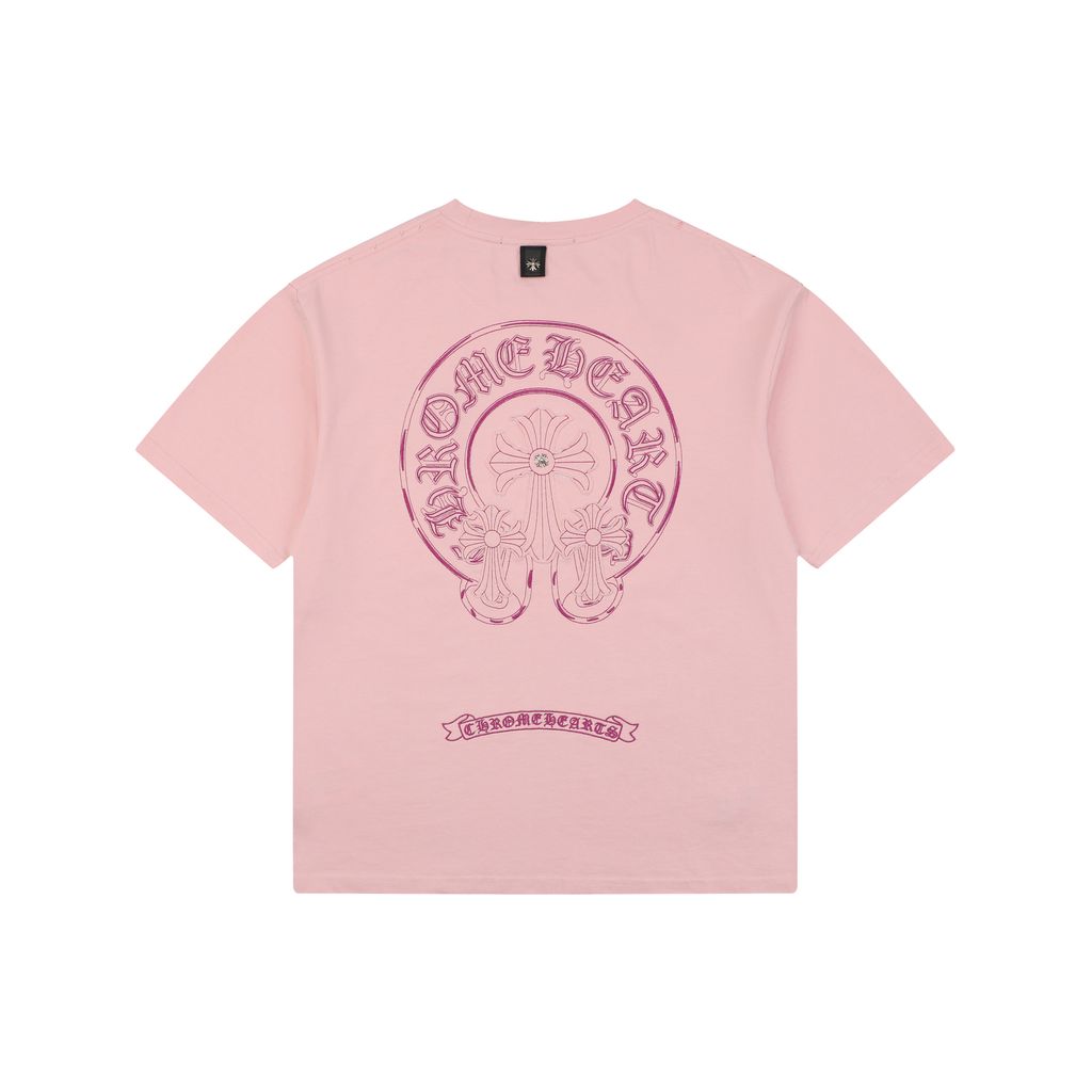 Chrome Hearts Pink Purple Sanskrit Cross Embroidered T-Shirt