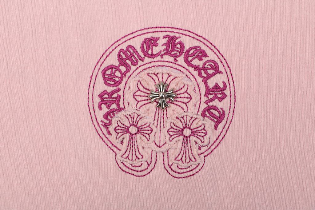 Chrome Hearts pink purple cross embroidered T-shirt