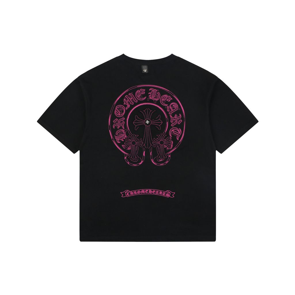 Chrome Hearts Pink Purple Sanskrit Cross Embroidered T-Shirt