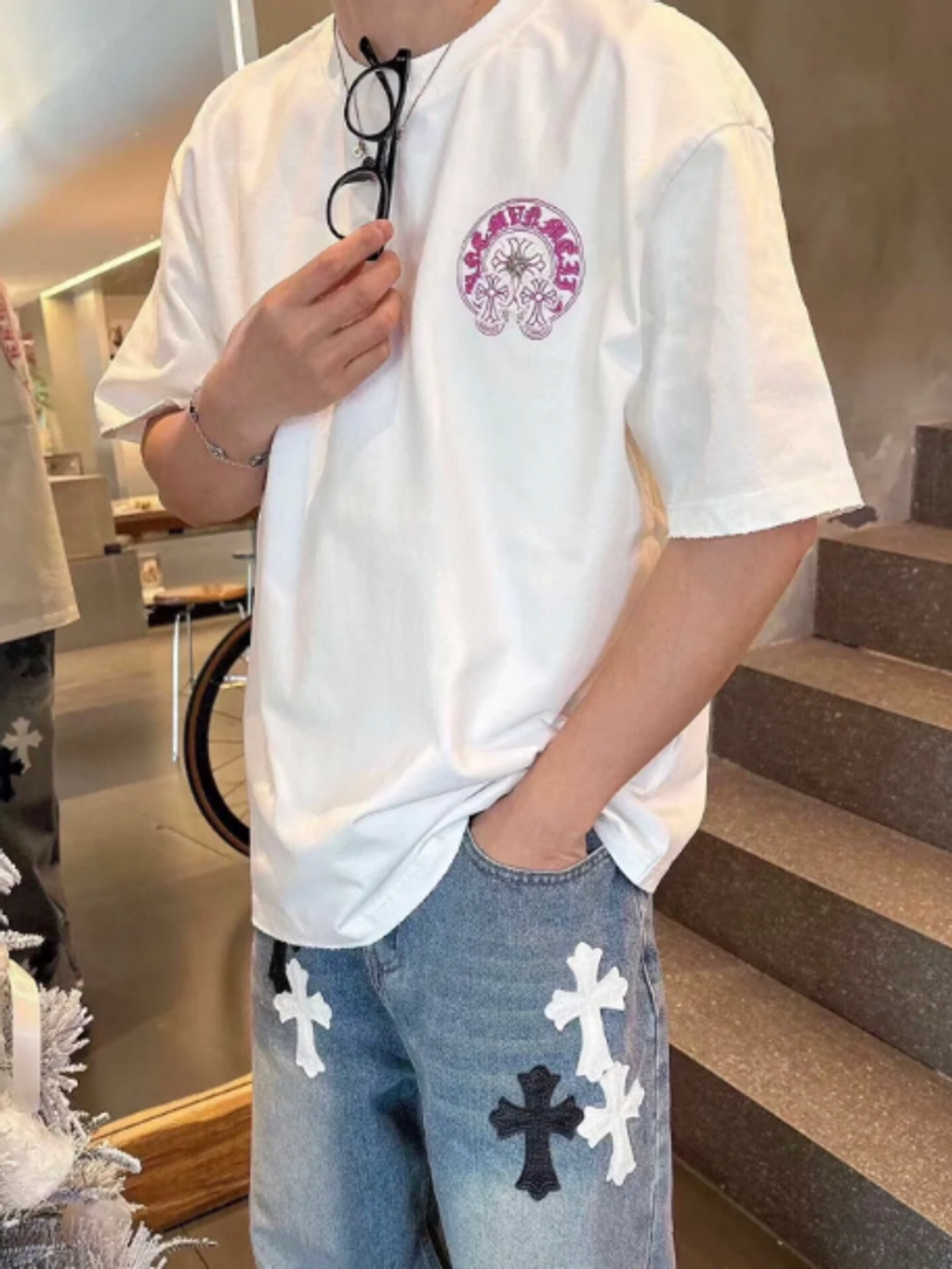 Pink purple Sanskrit cross streetwear T-shirt