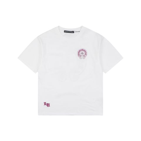 Chrome Hearts Pink Purple Sanskrit Cross Embroidered T-Shirt
