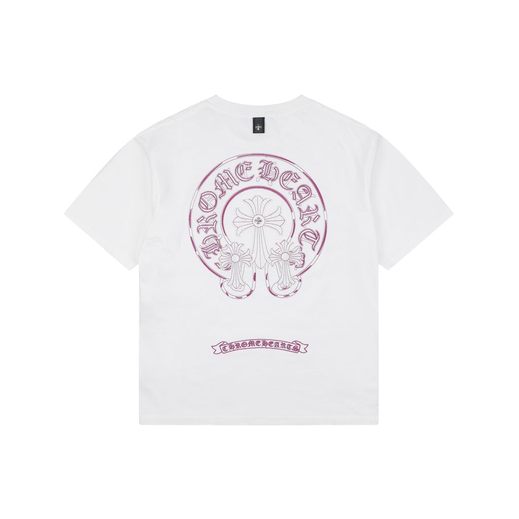 Chrome Hearts Pink Purple Sanskrit Cross Embroidered T-Shirt