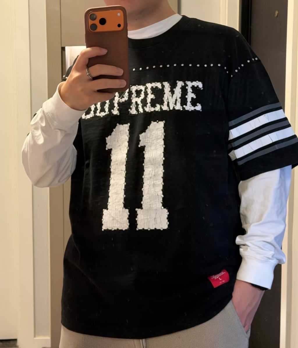 Black rhinestone streetwear jersey T-shirt