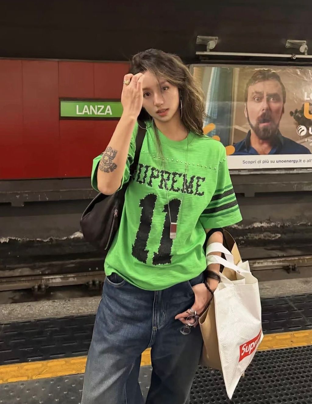 Green rhinestone streetwear jersey T-shirt