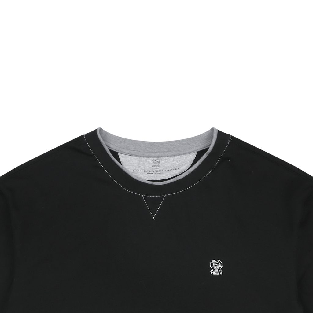 Black marled-grey panelled cotton tee