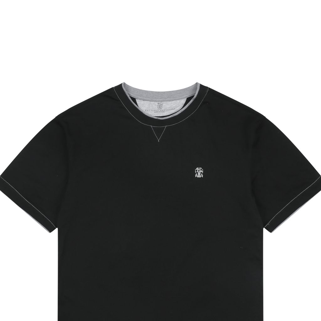 Black marled-grey panelled cotton tee