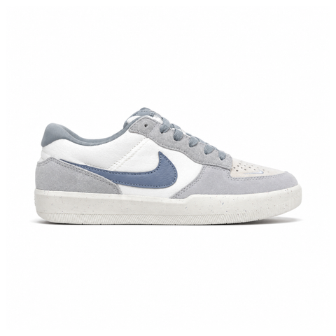 Side profile of the Nike SB Force 58 skate shoe featuring a creamy Coconut Milk canvas and suede upper, accented by a Neutral Olive green Swoosh and detailing, resting on a crisp white sole with a flexible tri-star tread.