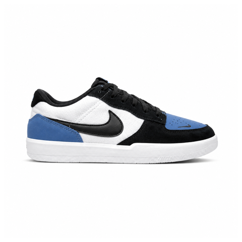 Side profile of the Nike SB Force 58 skate shoe featuring a vibrant Dutch Blue canvas and suede upper, accented by a crisp white Swoosh and detailing, resting on a white sole with a flexible tri-star tread.