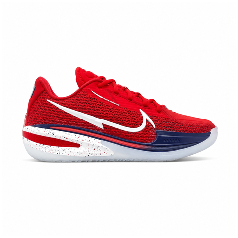 Side profile of the Nike Air Zoom G.T. Cut basketball shoe in the Team USA colorway, featuring a vibrant Sport Red engineered mesh upper, contrasted by navy blue detailing, a crisp white Swoosh, and a highly sculpted responsive sole unit.