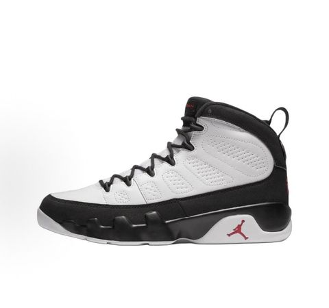 Side profile of the Air Jordan 9 Retro OG 'Space Jam' (2026) sneaker featuring a crisp white leather upper, a sleek black mudguard and midsole, True Red branding on the heel, and a classic sculpted rubber outsole.