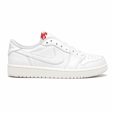 Side profile of the Jordan 1 Retro Low OG sneaker in a clean, monochromatic Sail off-white colorway, featuring premium leather construction, a tonal Swoosh, and a classic rubber cupsole.