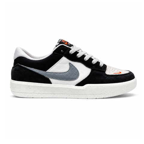 Side profile of the Nike SB Force 58 skate shoe featuring a sleek Black suede and Cool Gray canvas upper, accented by a crisp Mountain Peak White Swoosh and detailing, resting on a white sole with a flexible tri-star tread.