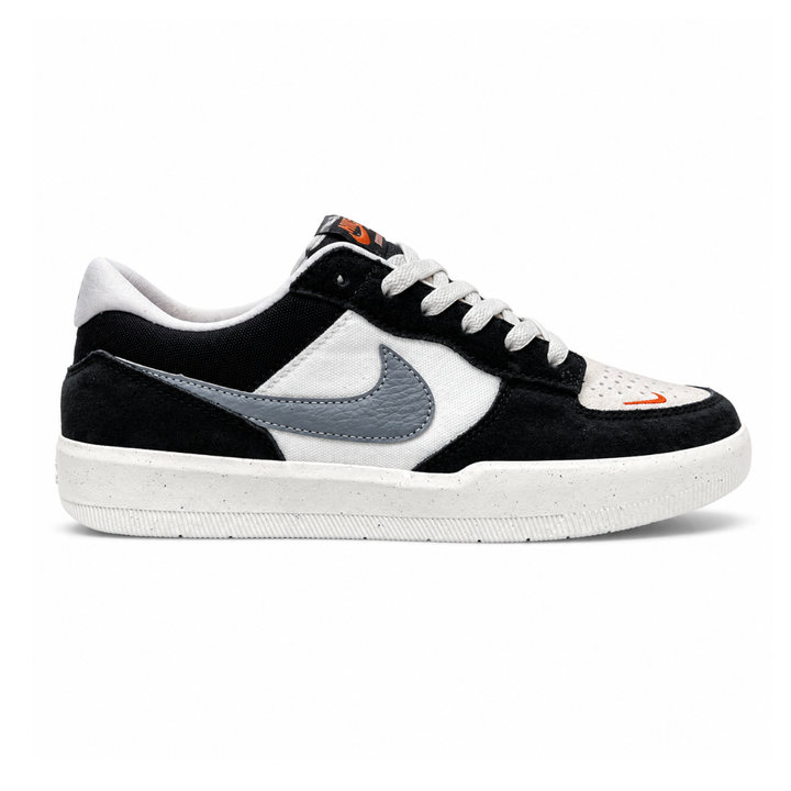 Side profile of the Nike SB Force 58 skate shoe featuring a sleek Black suede and Cool Gray canvas upper, accented by a crisp Mountain Peak White Swoosh and detailing, resting on a white sole with a flexible tri-star tread.
