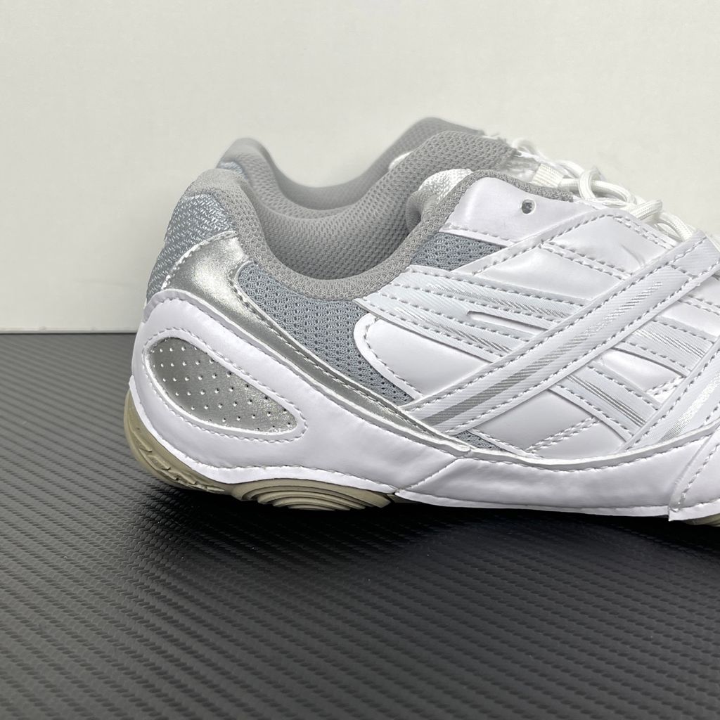 Side profile of the ASICS Hypersync running shoe featuring a breathable white mesh upper, sharp Piedmont Grey synthetic leather overlays, signature ASICS Tiger Stripes, and a sculpted performance midsole.