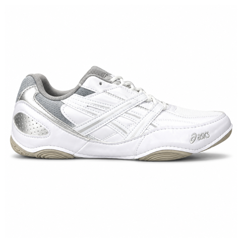 Side profile of the ASICS Hypersync running shoe featuring a breathable white mesh upper, sharp Piedmont Grey synthetic leather overlays, signature ASICS Tiger Stripes, and a sculpted performance midsole.