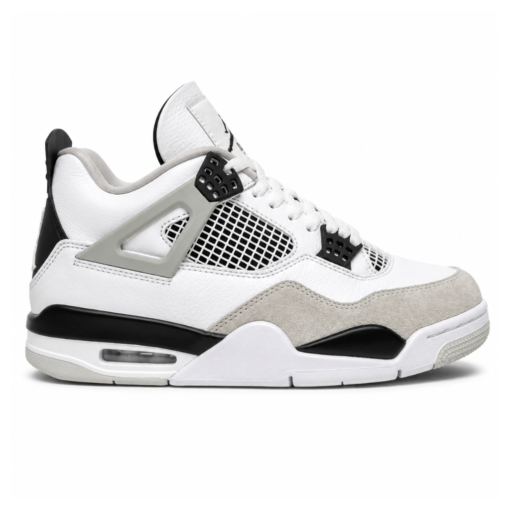Side profile of the Air Jordan 4 Retro 'Military Black' sneaker featuring a crisp white tumbled leather upper, a light grey suede toe wrap, contrasting black TPU support wings and heel tab, and a white midsole with a visible Air unit.
