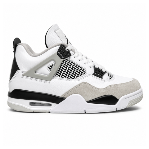 Side profile of the Air Jordan 4 Retro 'Military Black' sneaker featuring a crisp white tumbled leather upper, a light grey suede toe wrap, contrasting black TPU support wings and heel tab, and a white midsole with a visible Air unit.
