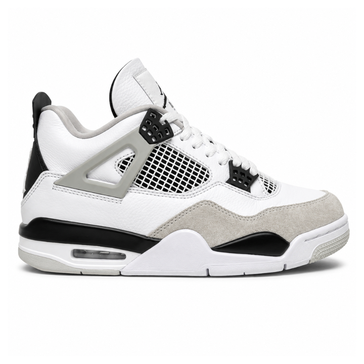 Side profile of the Air Jordan 4 Retro 'Military Black' sneaker featuring a crisp white tumbled leather upper, a light grey suede toe wrap, contrasting black TPU support wings and heel tab, and a white midsole with a visible Air unit.