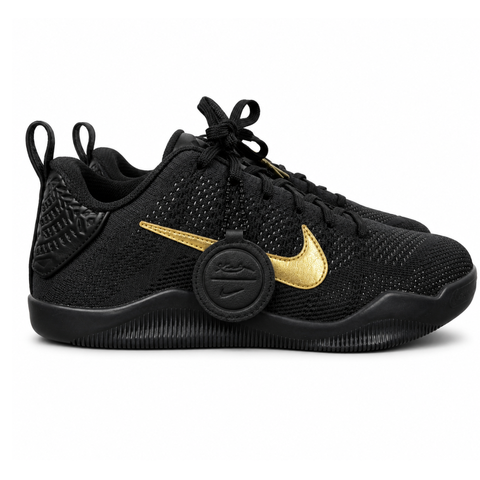 Side profile of the Nike Kobe 11 Elite Low Protro basketball shoe in the Fade to Black colorway, featuring a sleek dark grey-to-black gradient Flyknit upper, a tonal metallic Swoosh, and a solid black rubber outsole.
