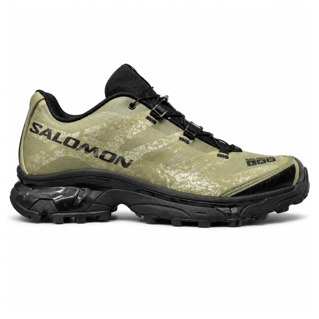 Side profile of the Salomon XT-4 OG trail running sneaker in an earthy Protective Aloe green and Black colorway, featuring a durable TPU film mesh upper, a Quicklace system, and an aggressive Contagrip rubber outsole.