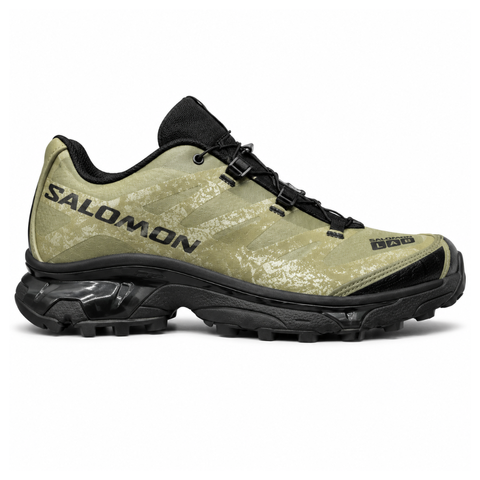 Side profile of the Salomon XT-4 OG trail running sneaker in an earthy Protective Aloe green and Black colorway, featuring a durable TPU film mesh upper, a Quicklace system, and an aggressive Contagrip rubber outsole.
