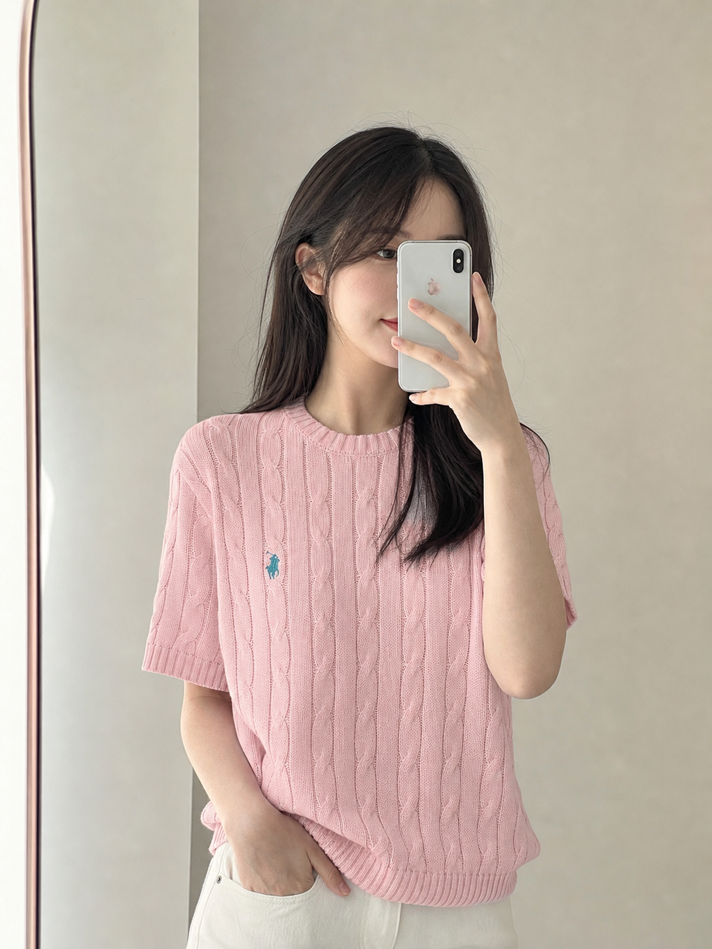 Unisex pastel blue cable-knit shirt