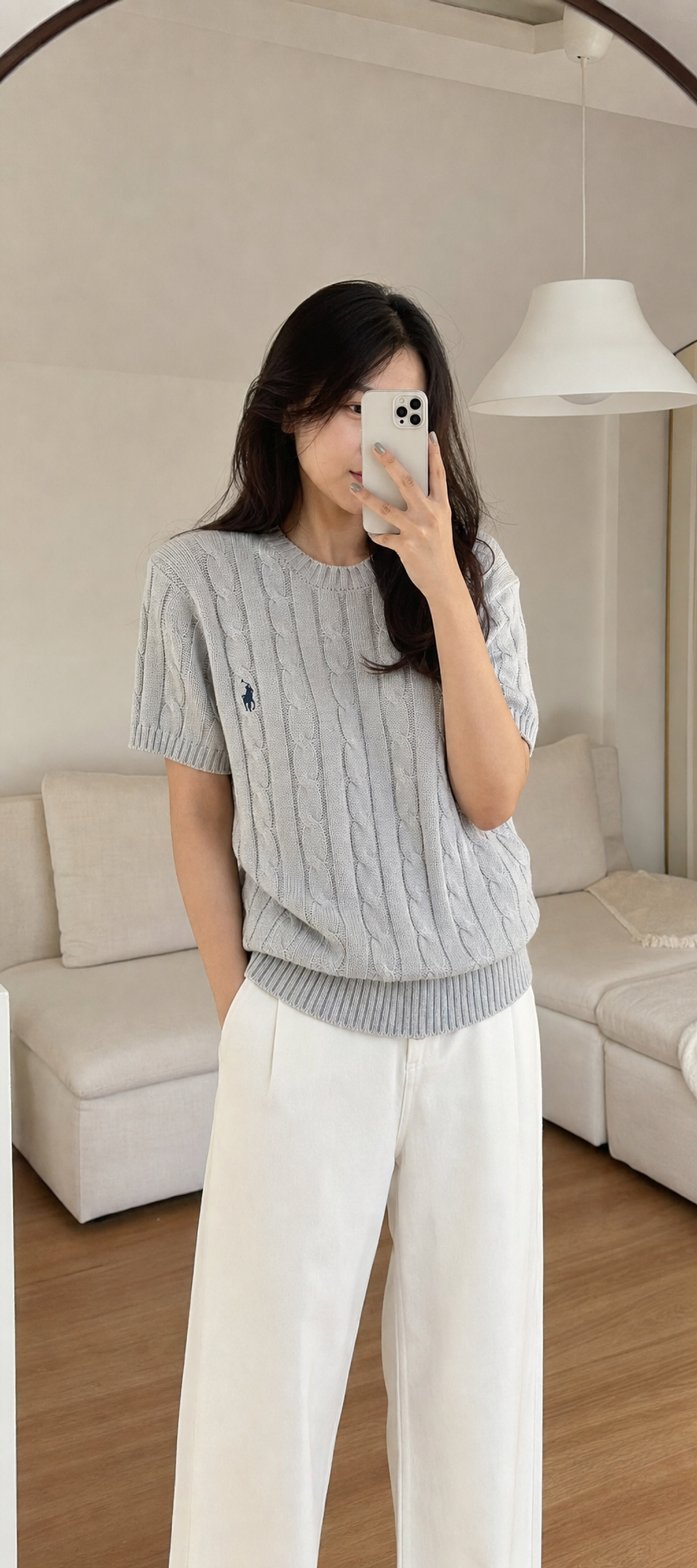 Unisex light grey black cable-knit shirt