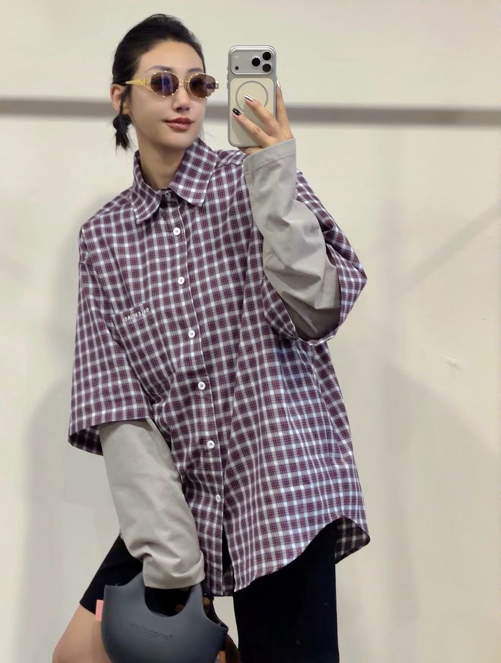 Unisex embroidered plaid layered shirt